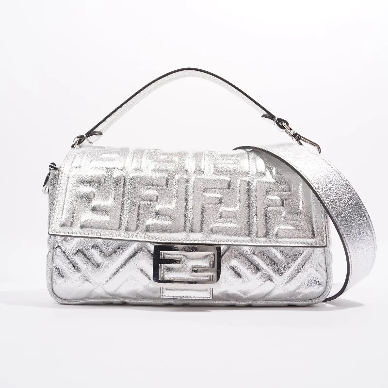 Vegan leather handbagsFendi Womens Baguette Bag Silver Leather