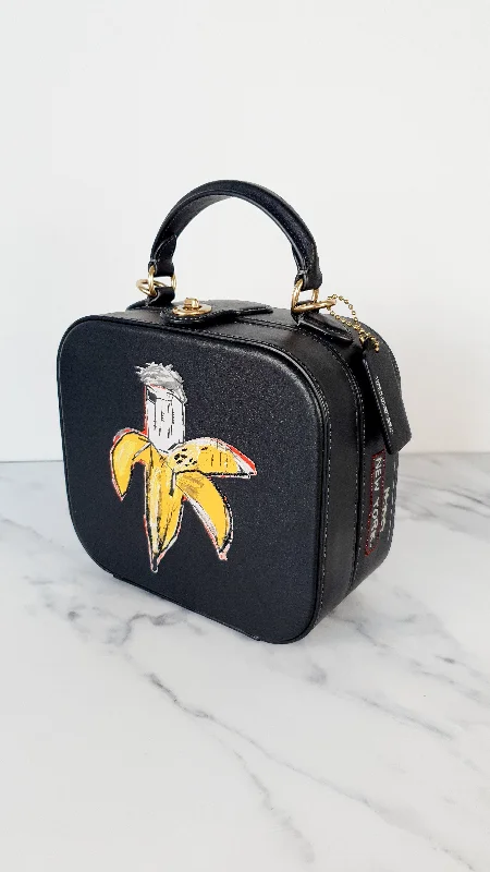 Elegant clutch bags for weddingsCoach x Jean-Michel Basquiat Square Bag with Banana artwork - Smooth Black Leather Crossbody Bag Handbag Coach 6898