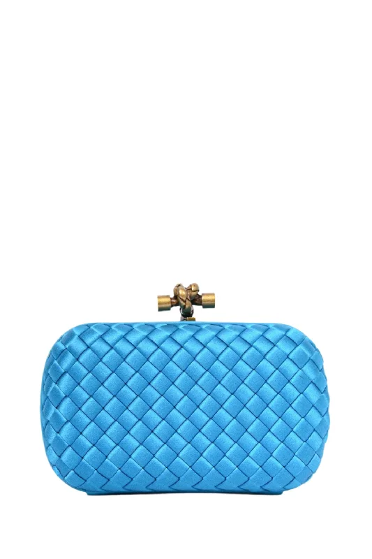 Luxury handbags 2025Bottega Veneta Blue Intrecciato Woven Satin Knot Clutch