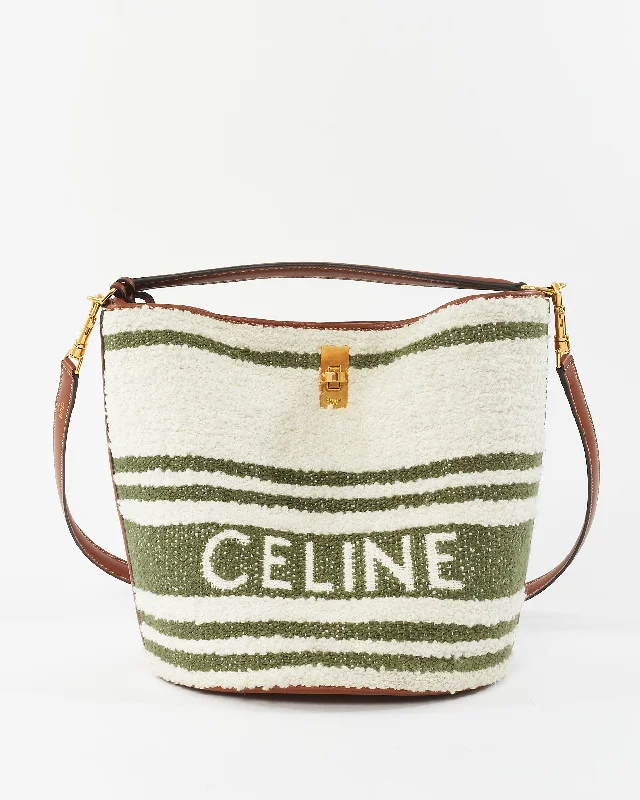 Crossbody bags for everyday useCeline Green & White Striped Tweed and Leather Logo Bucket Seau 16 Bag