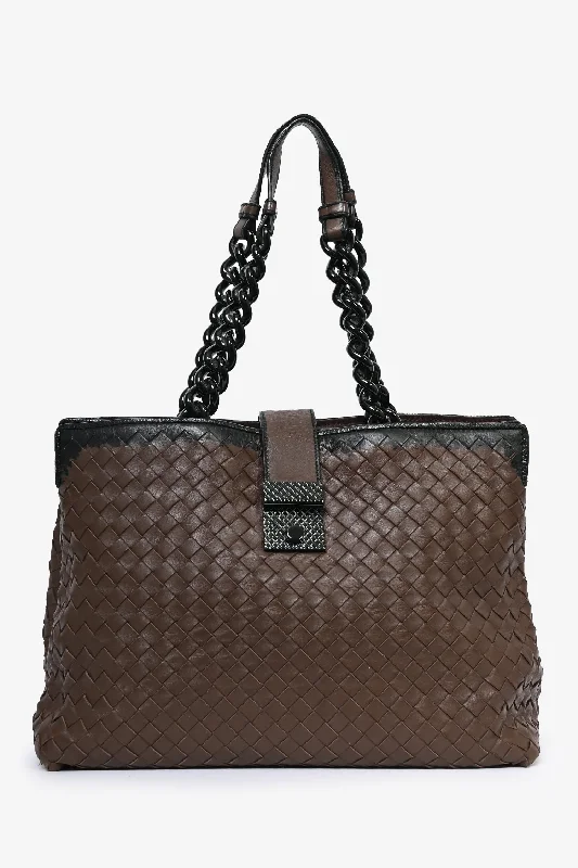 Designer bags with top handlesBottega Veneta Brown/Black Intrecciato Leather Chain Tote